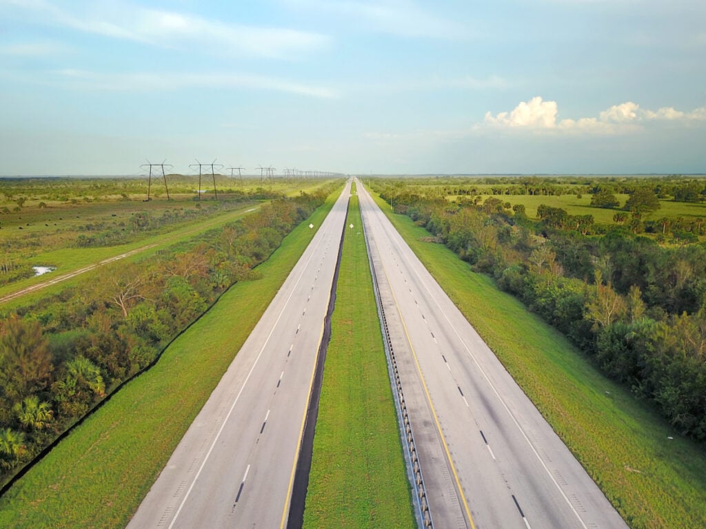 Aerial view of a highway in rural Florida