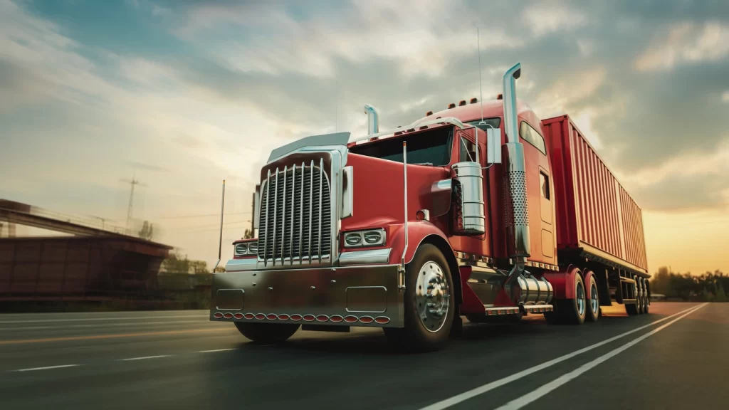 A red semi truck driving down the highway at sunset