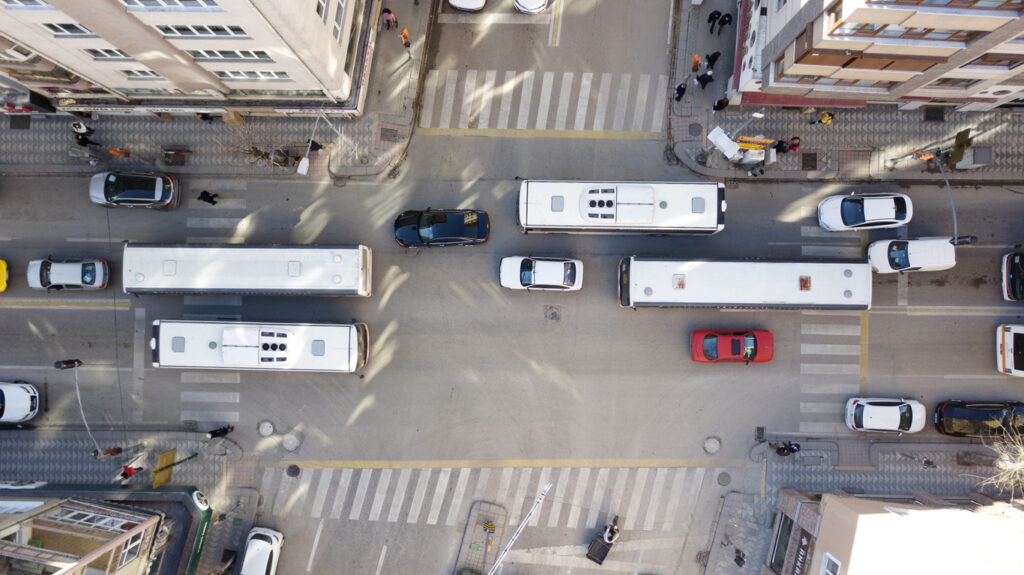 Aerial view of city traffic on a downtown city street