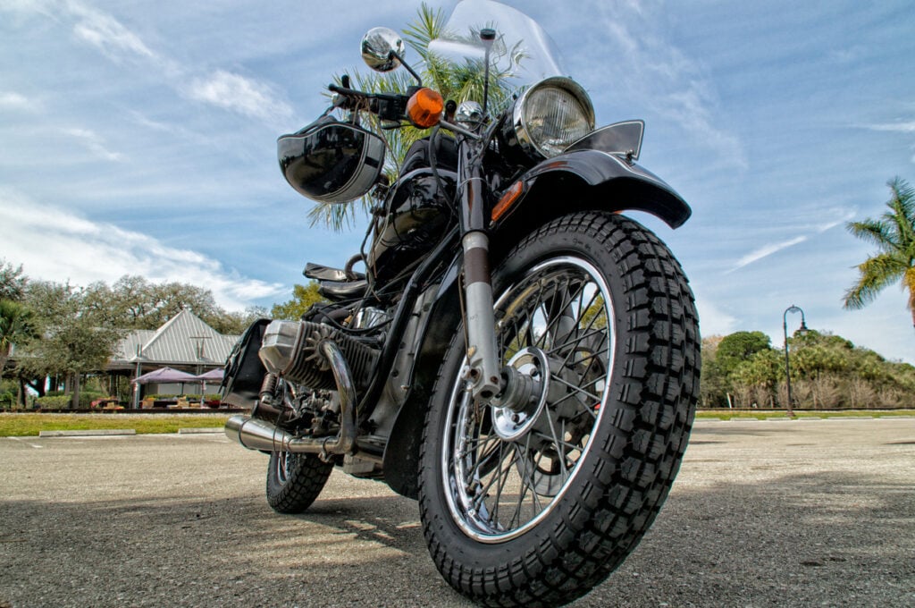 Low angle view of a black motorcycle in Florida