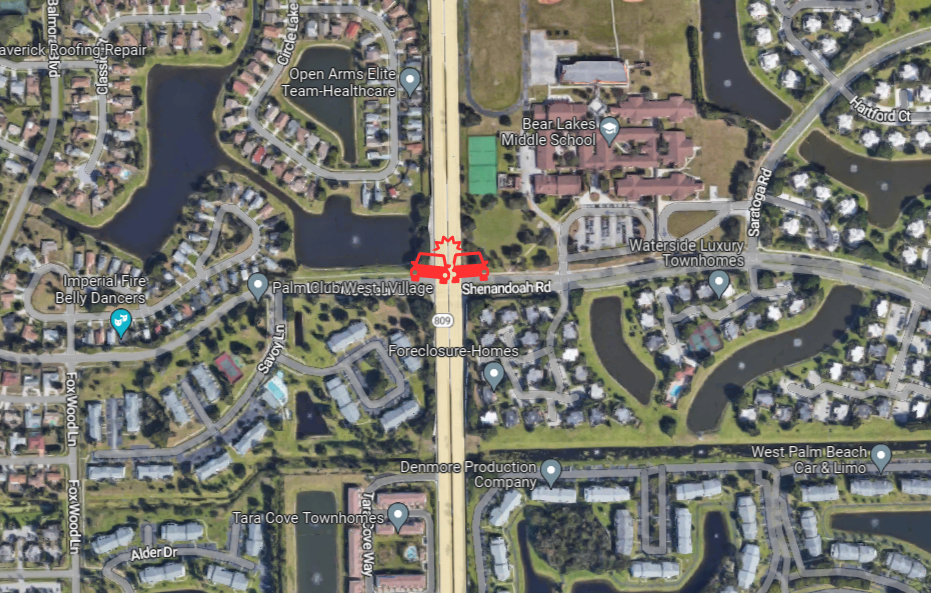 A satellite map view showing the location of a car accident at the intersection of Military Trail and Shenandoah Drive in West Palm Beach, FL