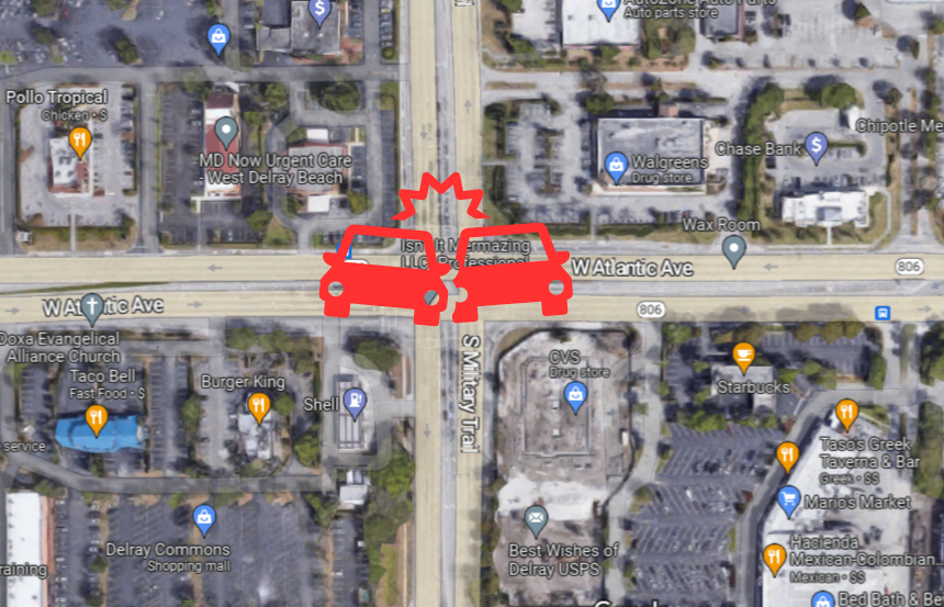 Overhead satellite view of a car accident location at the intersection of W Atlantic Avenue and S Military Trail in Delray Beach, FL