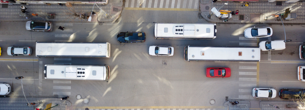 Vignette overhead view of a busy intersection in the city