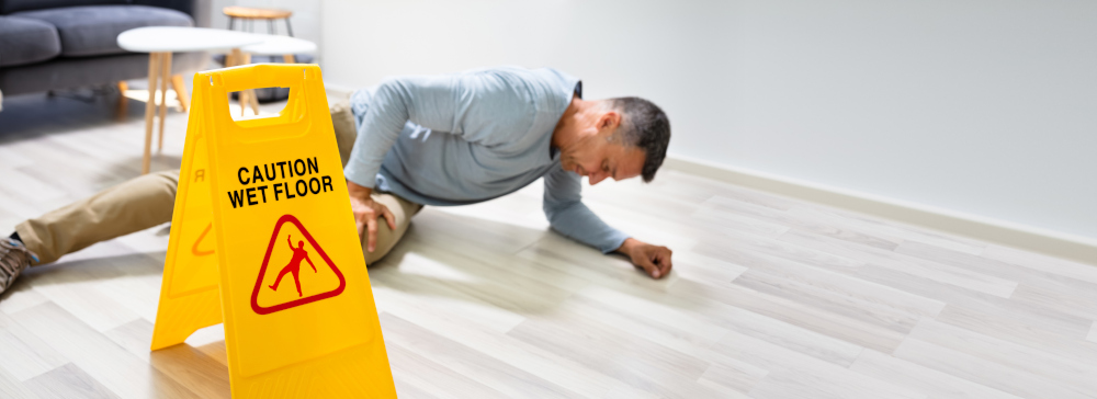Man after slipping and falling inside of an apartment with a wet floor sign in the foreground