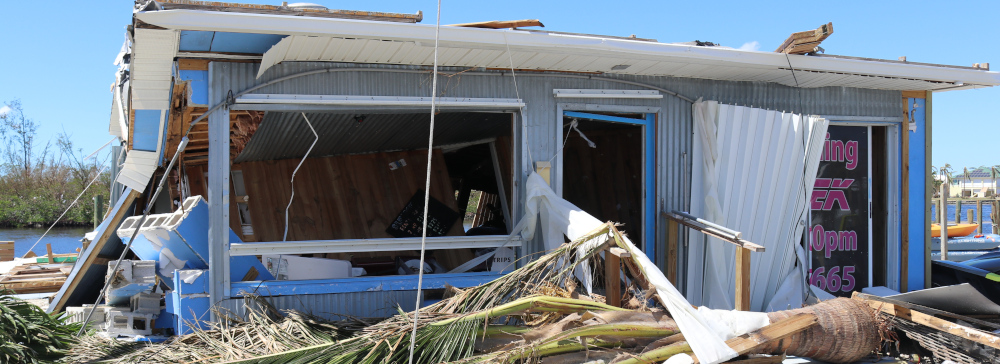 An image of hurricane damage in Florida of a destroyed business after a hurricane