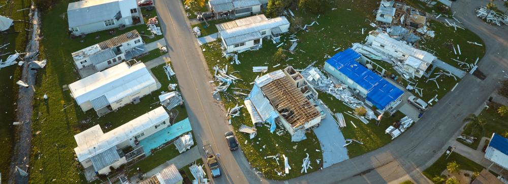 An aerial view of homes in Florida severely damaged by a hurricane