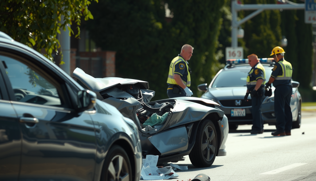 the spot of a car accident with emergency responders at the scene
