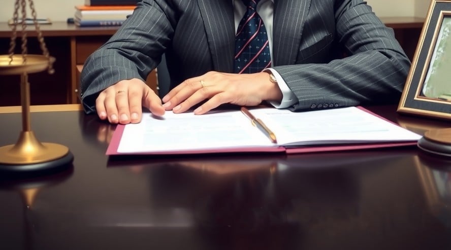 A focused professional lawyer seated at a desk, reviewing important legal papers.