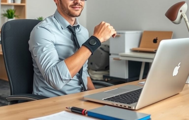 A remote worker sits at a home office desk with a laptop, wearing a wrist brace and appearing injured.