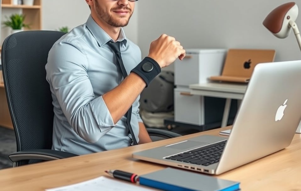 A remote worker sits at a home office desk with a laptop, wearing a wrist brace and appearing injured.
