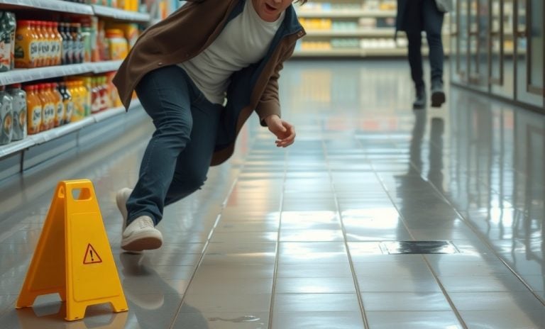 A person slipping on a wet floor in a grocery store.