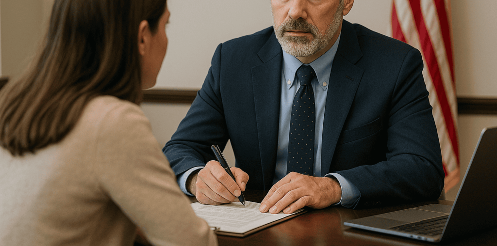 A professional lawyer, attentively discusses documents with a client in an office