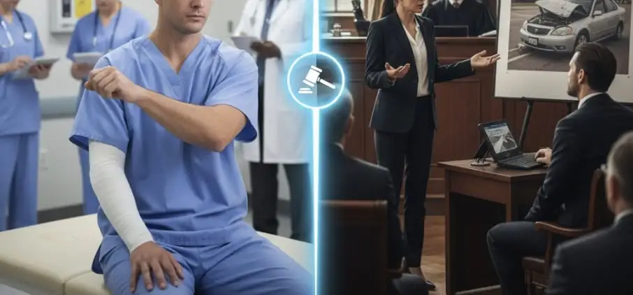 Split image: one side showing a medical treatment scene (workers’ comp), the other showing a courtroom (personal injury claim).