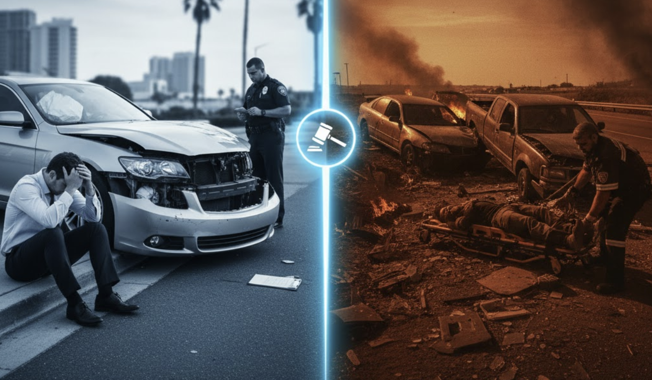 Split image showing “Accident” on one side and “Wreck” on the other with contrasting tones.