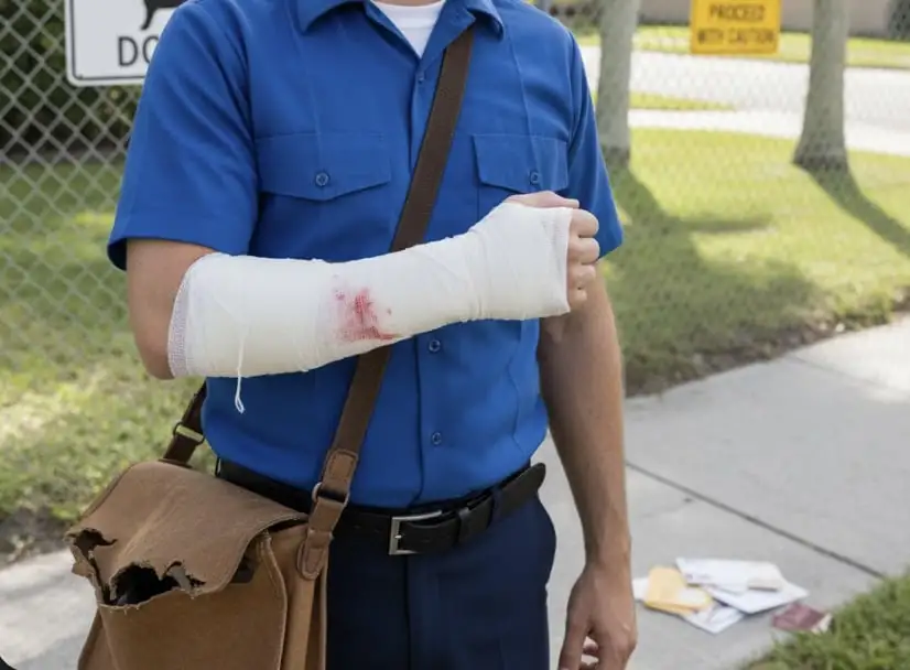 A postal worker showing a bandaged arm after a dog bite, with warning signs nearby