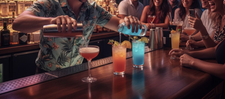 A Florida bar scene with a bartender serving drinks