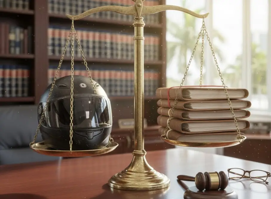 A symbolic balance scale with a motorcycle helmet and a stack of legal documents representing justice.