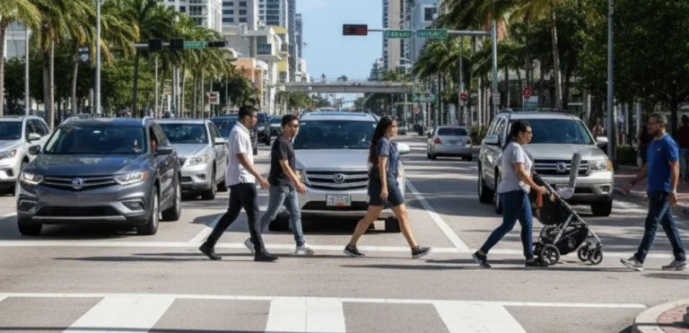 A pedestrian crosswalk in downtown Miami with bright signage and vehicles stopping to yield properly.