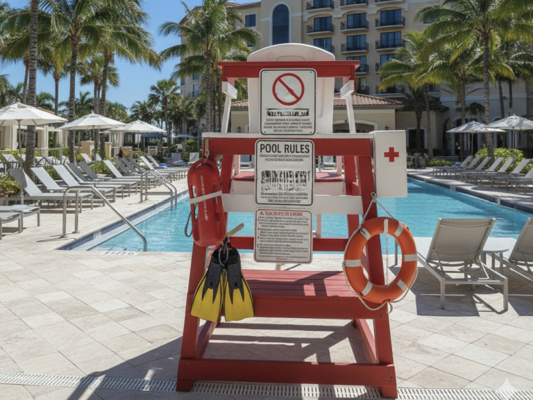 A lifeguard station at a hotel pool with warning signs and safety gear