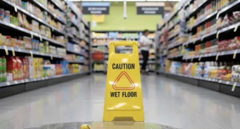 A Florida grocery store floor with a caution sign beside a spill, representing a slip and fall hazard.