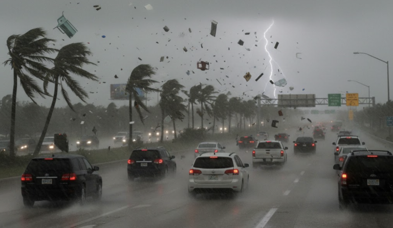 A Florida highway during a hurricane with cars navigating through heavy rain and flying debris.