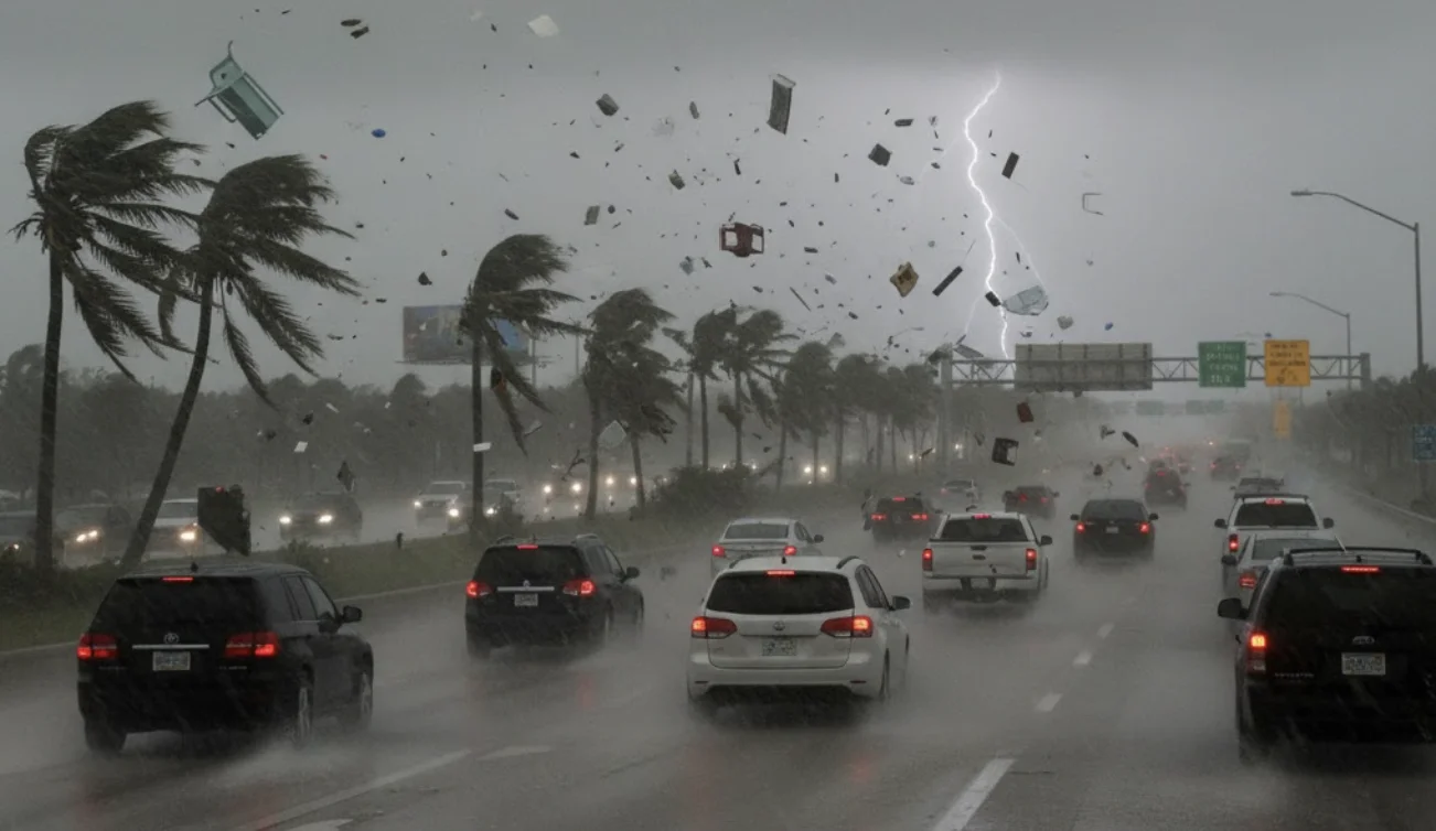 A Florida highway during a hurricane with cars navigating through heavy rain and flying debris.