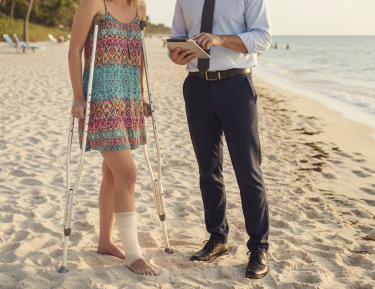 A tourist holding crutches on a Florida beach and a lawyer helping them.