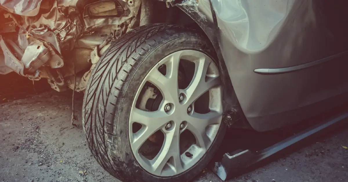 Close up of car tire after car accident