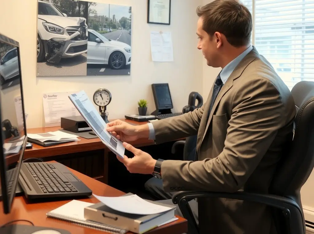 A car accident attorney is in his office, analyzing evidence and images from a car accident