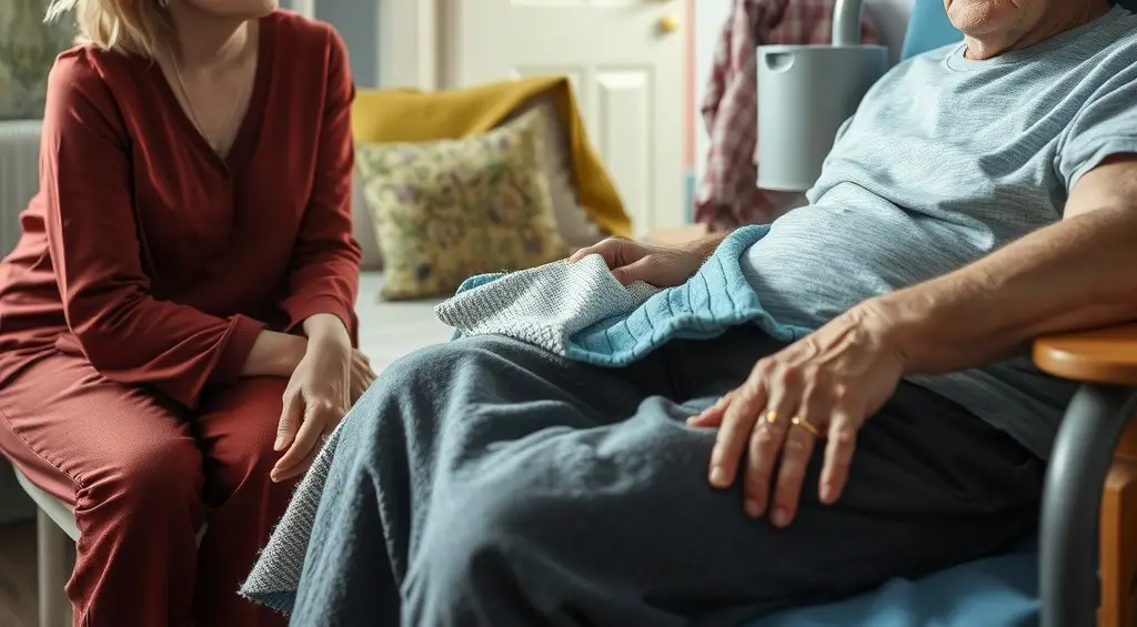 A concerned family member sitting beside an elderly person in a modest nursing home room, showing visible distress.