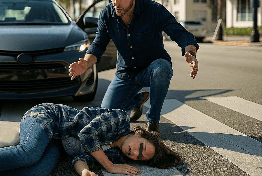A concerned driver assisting an injured woman lying in a crosswalk after a bicycle accident.