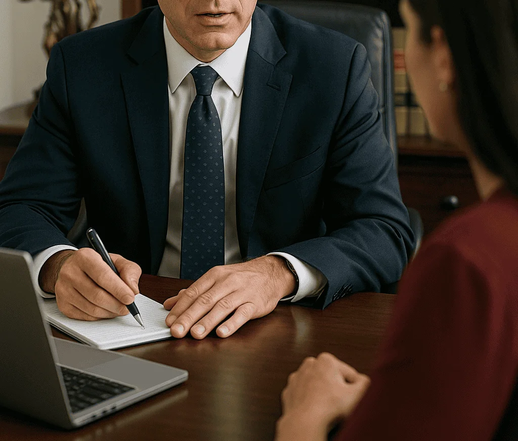 A professional lawyer consults with a client in an office