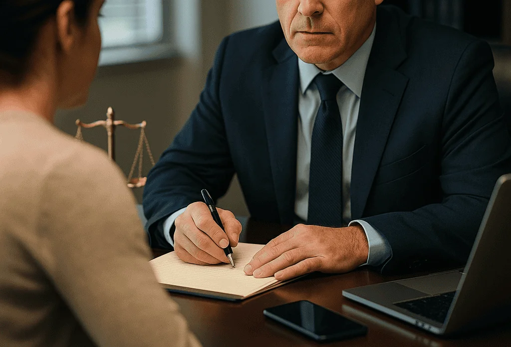 A professional lawyer consults seriously with a client in a bright office