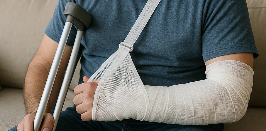 An injured man with a head bandage, arm sling, and crutch, sitting on a sofa.