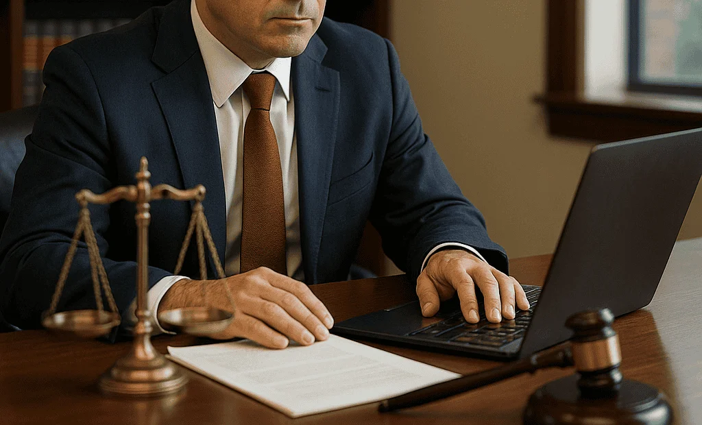 An attorney working at his desk with legal documents