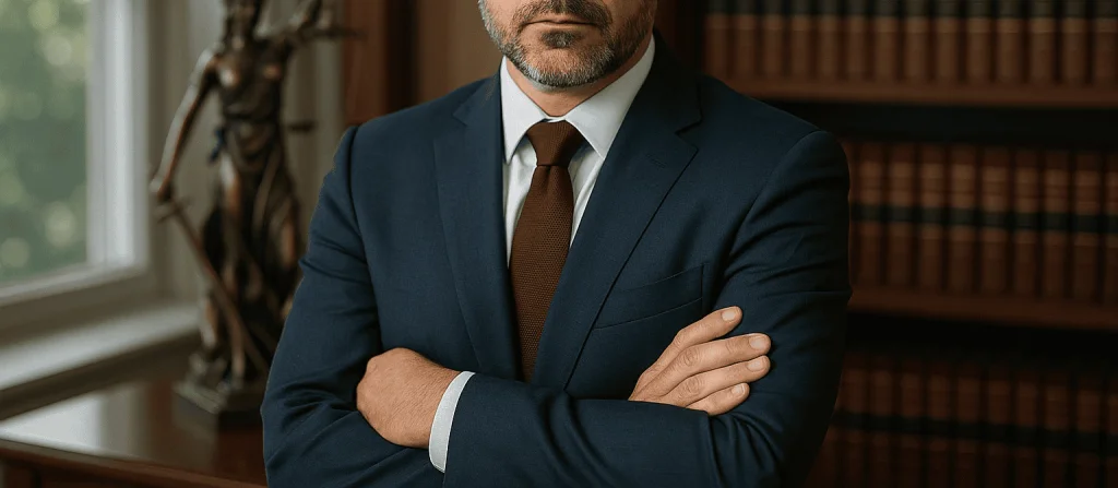 A confident lawyer stands in a sunlit office beside law books and a Lady Justice statue, projecting professionalism and trust.