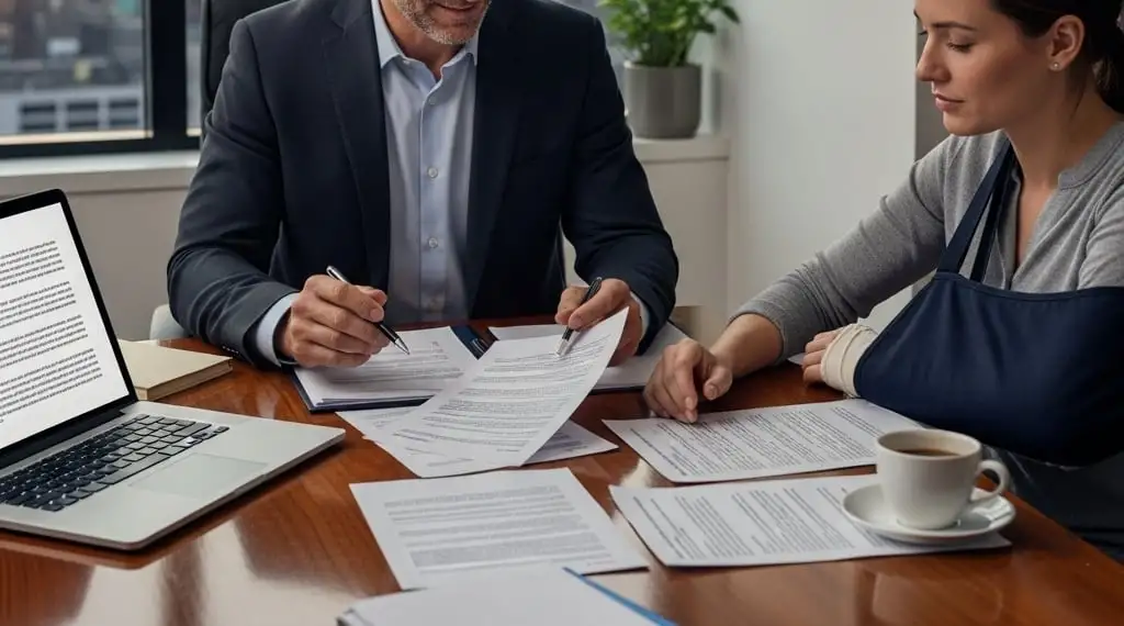 A professional personal injury lawyer consulting with a client.