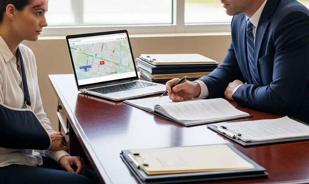 A concerned accident victim speaking with a professional attorney in an office setting, with legal documents and a laptop open, symbolizing guidance, justice, and support after a parking lot accident in Plantation, Florida.