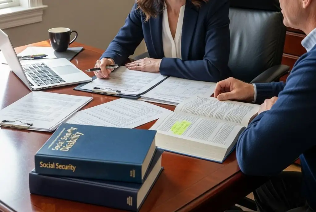 A compassionate disability lawyer meeting with a client in an office setting, discussing Social Security Disability benefits paperwork, with documents, a laptop, and legal books visible on the desk, symbolizing guidance, support, and expertise in SSDI and SSI claims.