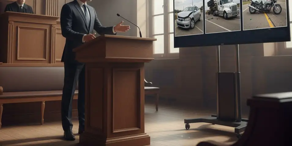 A lawyer presenting evidence before a judge, with accident images projected on a screen.