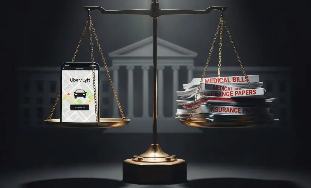 Scales of justice balancing a rideshare app on one side and medical bills/insurance papers on the other