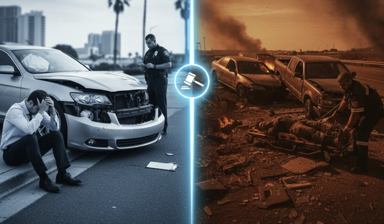 Split image showing “Accident” on one side and “Wreck” on the other with contrasting tones.