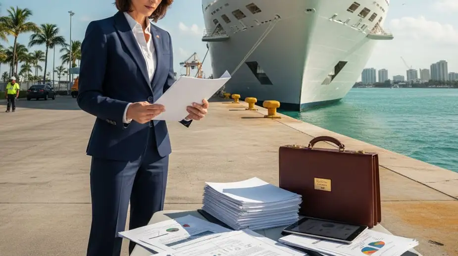 A maritime lawyer reviewing legal documents beside a cruise ship in Fort Lauderdale.