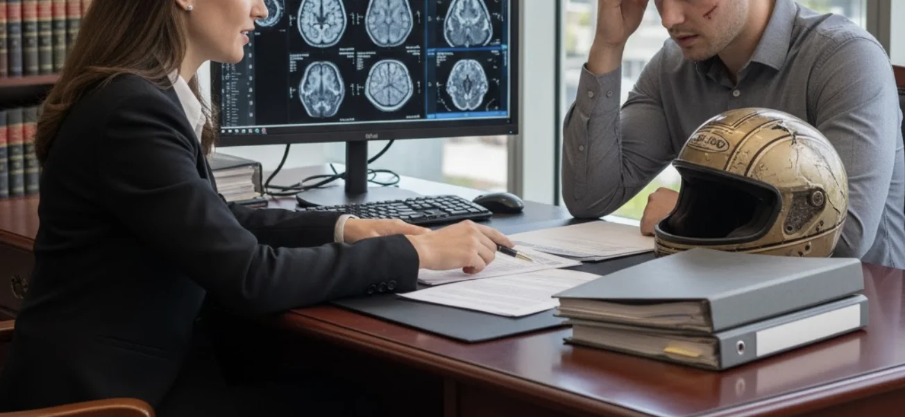 A Florida personal injury lawyer consulting with a brain injury victim in an office.