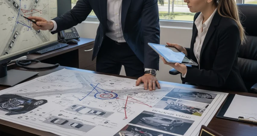 An attorney analyzing crash reconstruction diagrams and evidence from a Florida highway accident.