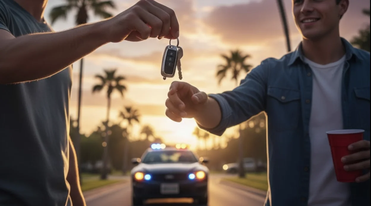 A Florida car owner handing car keys to a friend, symbolizing responsibility and legal risk.
