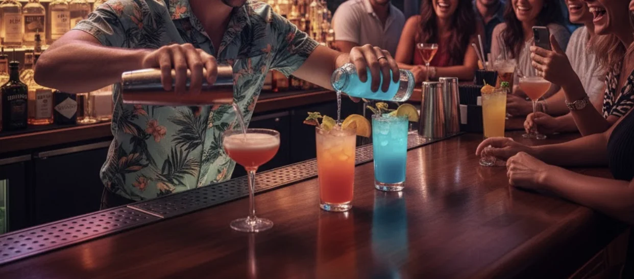 A Florida bar scene with a bartender serving drinks