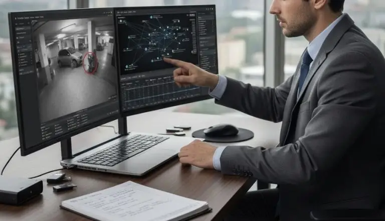 A lawyer preserving digital evidence with a laptop displaying surveillance footage and phone data analysis.