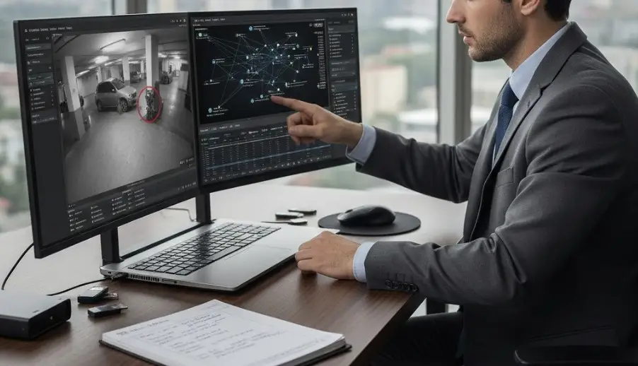 A lawyer preserving digital evidence with a laptop displaying surveillance footage and phone data analysis.