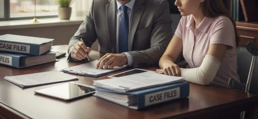 A lawyer meeting a motorcycle accident victim in an office, reviewing legal documents.
